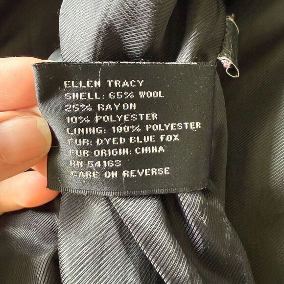 Ellen Tracy Wool Blend Blue Fox Fur Lined Hooded Button Up Overcoat Evening 4 - Picture 4 of 6